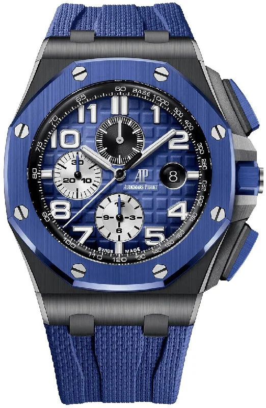 Audemars Piguet Royal Oak Offshore Selfwinding Chronograph/ Stainless Steel/ Blue Strap/ Blue Dial / White Sub-Dials/ Blue Ceramic Bezel (Ref#26405CE.OO.A030CA.01)