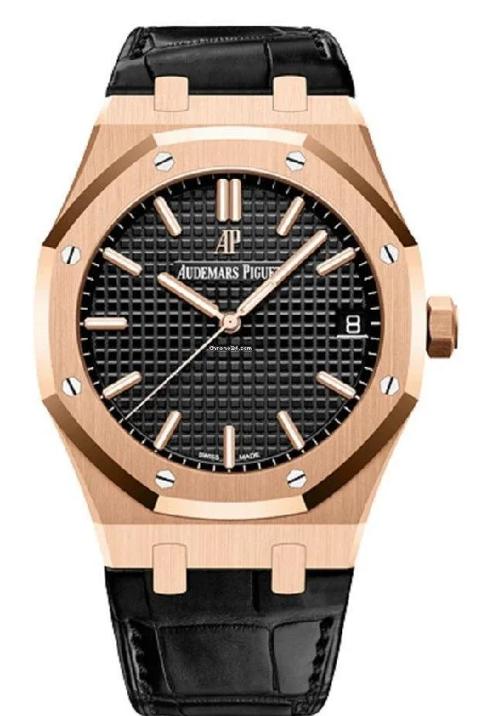 Audemars Piguet Royal Oak Selfwinding/ Rose Gold/ Black Dial/ Black Leather Strap (Ref#15500OR.OO.D002CR.01)