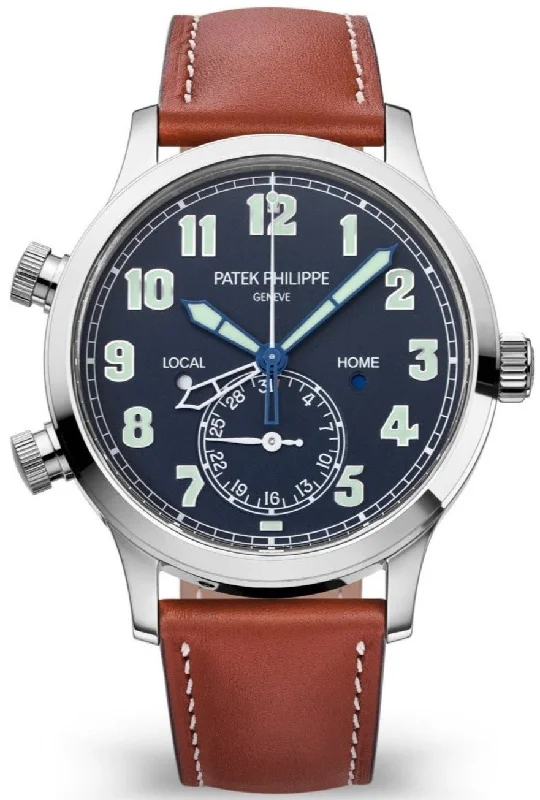 Patek Philippe Complication Calatrava Pilot Travel Time/ White Gold/ Blue Dial/ Brown Leather Strap (Ref# 5524G-001)