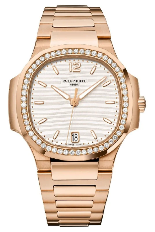 Patek Philippe Nautilus Ladies Rose Gold Nautilus White Dial Diamond Bezel 7118/1200R-001