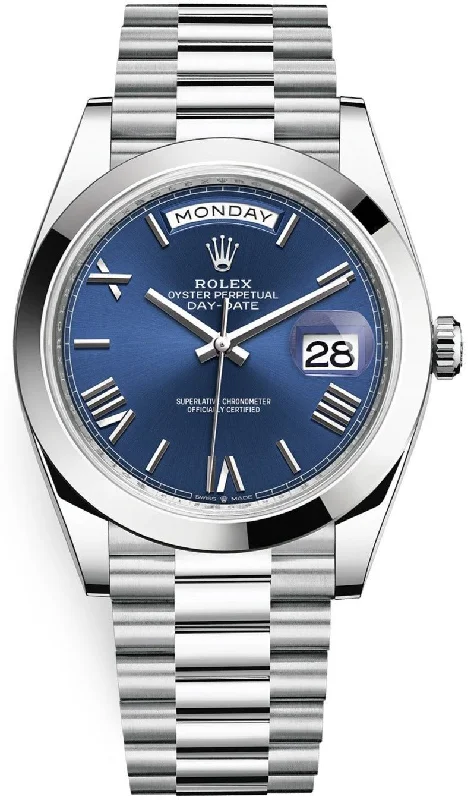 Rolex 950 Platinum Day-Date 40 Watch - Smooth Bezel - Blue Bevelled Roman Dial - President Bracelet (Ref # 228206)