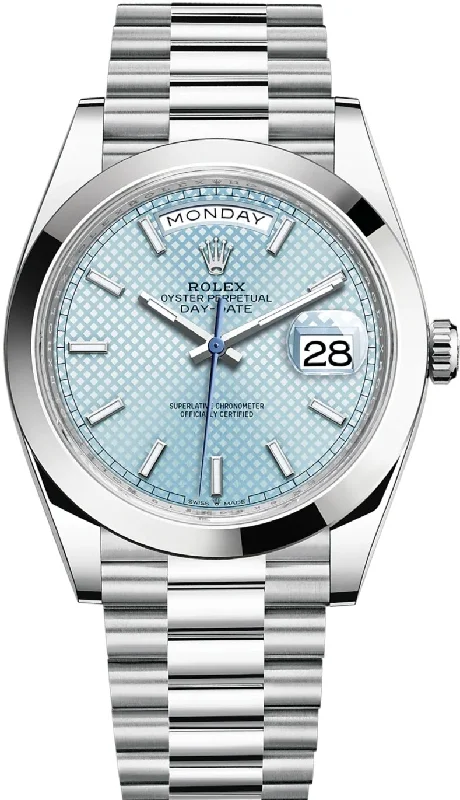 Rolex 950 Platinum Day-Date 40 Watch - Smooth Bezel - Ice Blue Diagonal Motif Index Dial - President Bracelet (Ref # 228206)