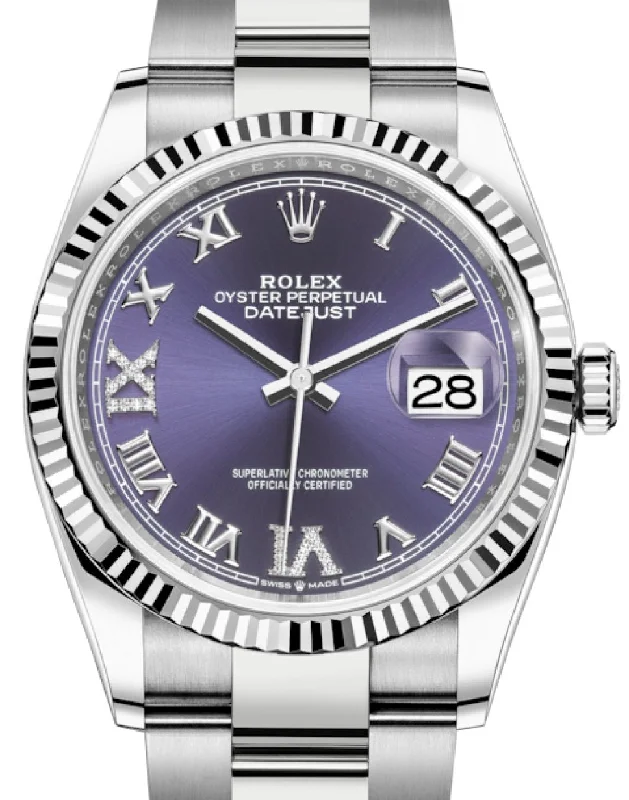 Rolex Datejust 36 Fluted Bezel Aubergine Purple Diamond Roman VI and IX Dial Oyster Bracelet (Ref# 126234)