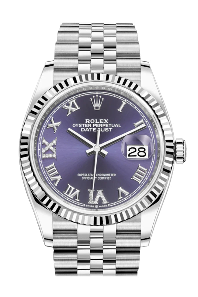 Rolex Datejust 36 Fluted Bezel Aubergine Purple Diamond Roman VI and IX Dial Jubilee Bracelet (Ref# 126234)