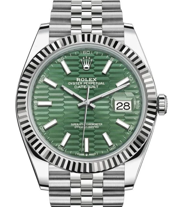 Rolex Datejust 41mm White Gold/Steel Mint Green Fluted Motif Index Fluted Bezel Jubilee Reference #126334