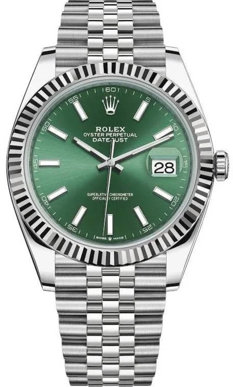 Rolex Datejust Oyster 41 mm Oystersteel Mint Green Dial Fluted Bezel Jubilee Bracelet (Reference # 126334)