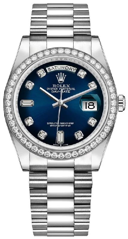 Rolex Day-Date 36/ Blue Ombre Dial/ Diamond Bezel/ White Gold President Bracelet (Ref # 128349RBR)