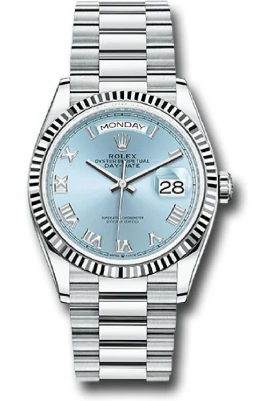 Rolex Day-Date 36 Platinum Ice Blue Roman Dial President Bracelet 128236