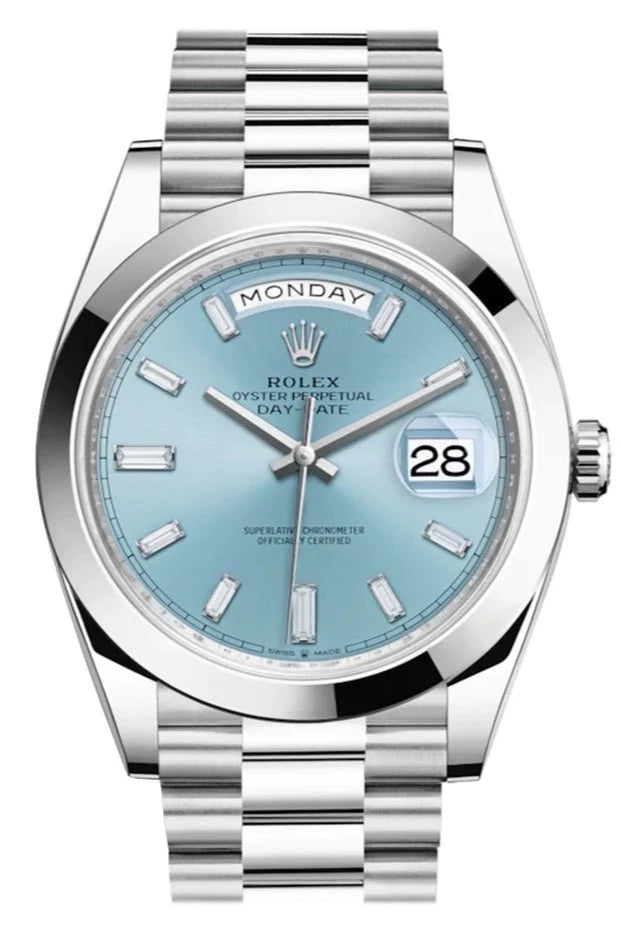 Rolex Day-Date 40 Ice Blue Baguette Diamond Dial Dial Dome Bezel Platinum President Automatic Men's Watch (Reference # 228206)