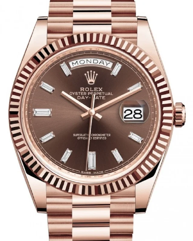 Rolex Day-Date 40 Rose Gold Day-Date 40 Watch - Fluted Bezel - Chocolate Baguette Diamond Dial - 228235