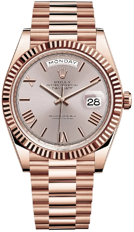 Rolex Day-Date 40 Rose Gold Sundust Roman Dial Fluted Bezel (Ref # 228235)