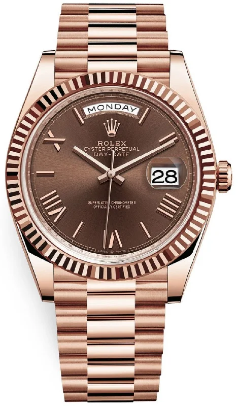 Rolex Day-Date 40 Rose Gold w/ Chocolate Roman Dial & Fluted Bezel (Ref# 228235)