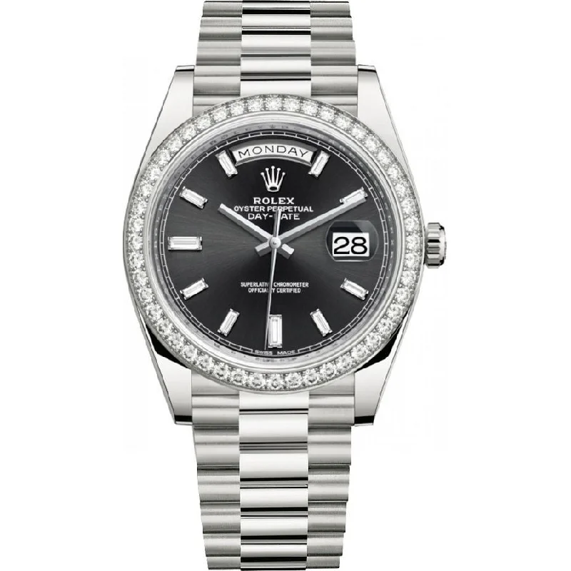 Rolex Day-Date 40 White Gold Day-Date 40 Watch - White Gold Bezel - Black Baguette Diamond Dial 228349RBR