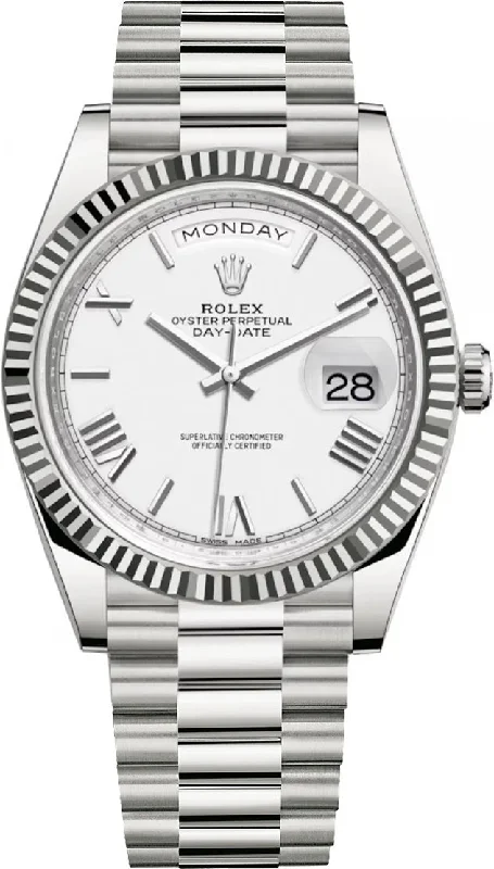 Rolex Day-Date 40 White Gold - White Roman Dial - Fluted Bezel - President Bracelet (Ref: 228239)