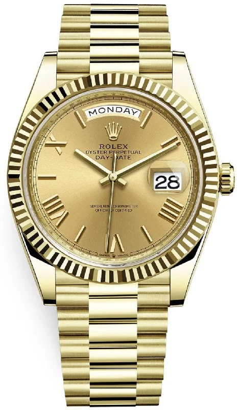 Rolex Day-Date 40 Yellow Gold Champagne Roman Dial Fluted Bezel (Ref # 228238)