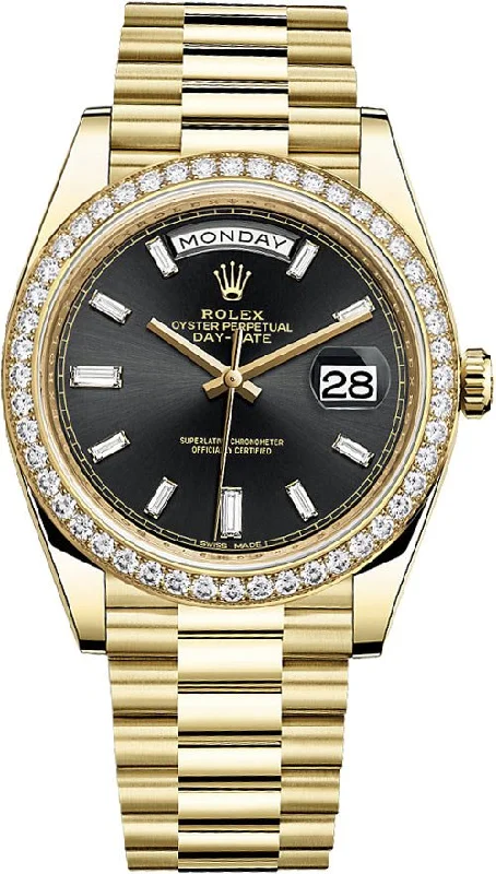 Rolex Day-Date 40 Yellow Gold - Black Diamond Dial - Diamond Bezel - President Bracelet (Ref# 228348RBR)