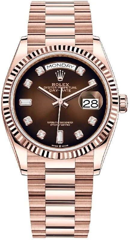 Rolex Everose Gold Day-Date 36 Watch - Fluted Bezel - Brown OmbreÂ´ Diamond Dial - President Bracelet (Ref# 128235)