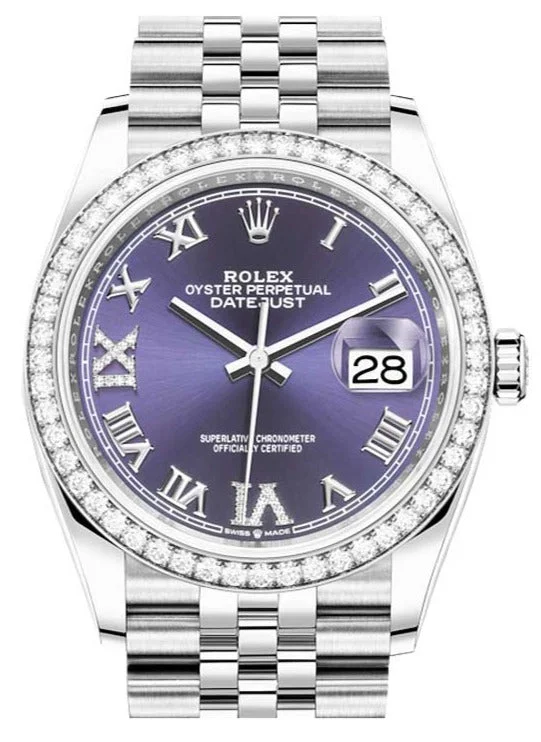 Rolex Steel Datejust 36 Watch - Diamond Bezel - Aubergine Purple Diamond Roman VI and IX Dial - Jubilee Bracelet (Reference #126284rbr)