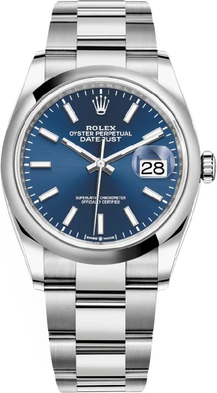 Rolex Steel Datejust 36 Watch - Domed Bezel - Blue Index Dial - Oyster Bracelet