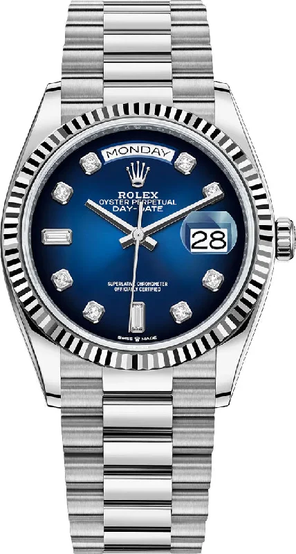 Rolex White Gold Day-Date 36 Watch - Fluted Bezel - Blue OmbreÂ´ Diamond Dial - President Bracelet (Ref # 128239)