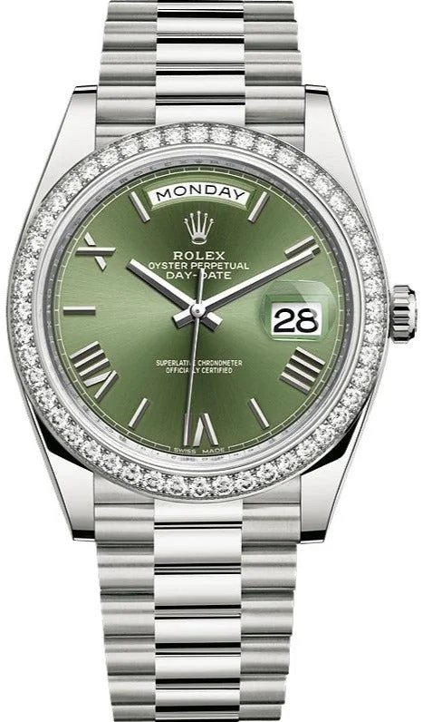 Rolex White Gold Day-Date 40 Watch - Bezel - Olive Green Bevelled Roman Dial - President Bracelet (Ref# 228349RBR)