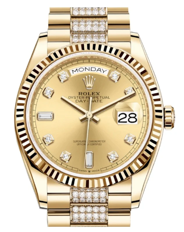 Rolex Yellow Gold Day-Date 36 Watch - Fluted Bezel - Champagne Diamond Dial - Diamond President Bracelet