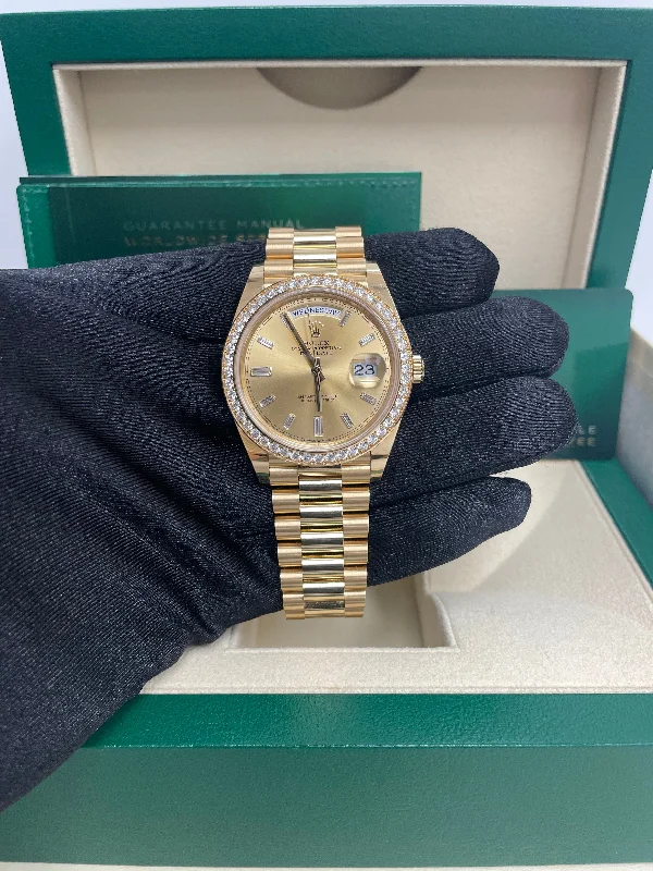 rolex-yellow-gold-day-date-40-watch-yellow-gold-bezel-champagne-baguette-diamond-dial-president-bracelet-ref-228348rbr-chbdp-pre-owned