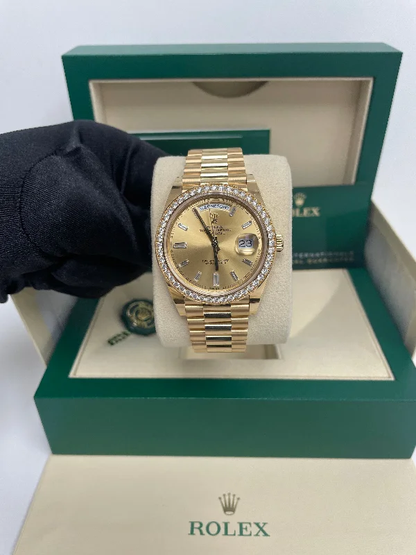 rolex-yellow-gold-day-date-40-watch-yellow-gold-bezel-champagne-baguette-diamond-dial-president-bracelet-ref-228348rbr-chbdp-pre-owned