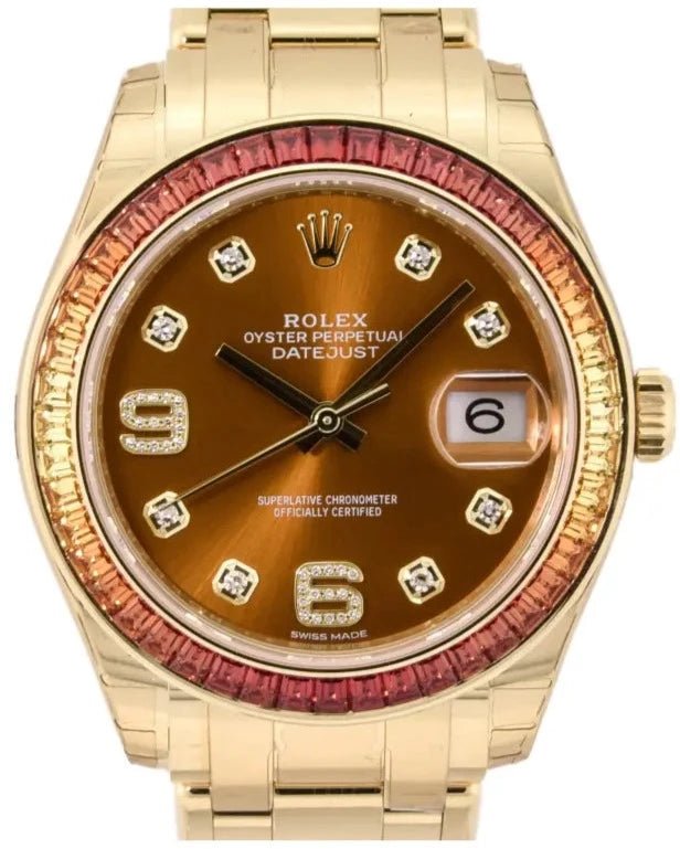 Rolex Yellow Gold Orange Diamond Dial and Diamond Bezel Pearlmaster Datejust (Reference # 86348SAJOR)