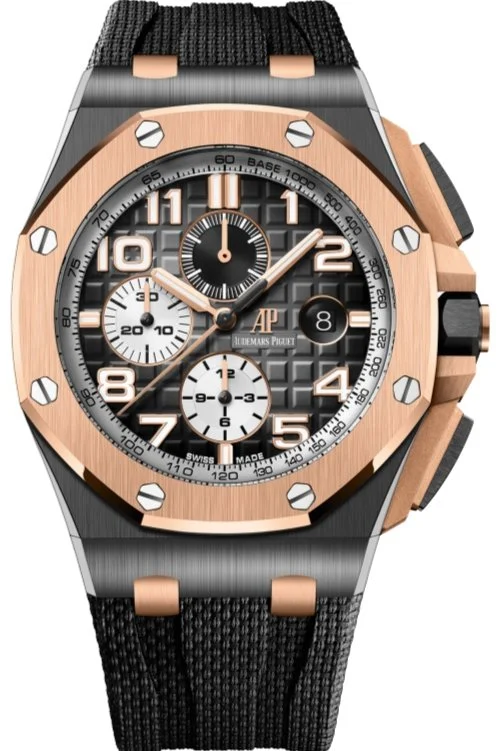 Audemars Piguet Royal Oak Offshore Selfwinding Chronograph/ Stainless Steel/ Black Dial/ White Sub-Dial/ Rose Gold Bezel (Ref#26405NR.OO.A002CA.01)